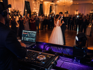Widok zza konsoli DJ-a na Parę Młodą podczas wesela